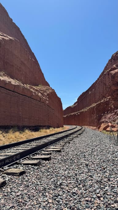 Des rails de train entre des falaises rouges sous un ciel bleu.