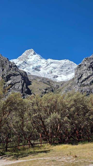Une montagne enneigée sous un ciel bleu.