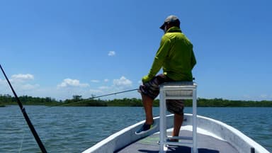 Un homme pêche sur un bateau dans un paysage aquatique ensoleillé.