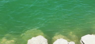 Une vue de l'eau turquoise avec des rochers au bord.