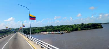 Un paysage de Zulia avec des maisons colorées et des drapeaux vénézuéliens.