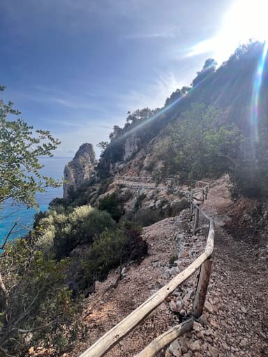 Un sentier côtier avec des rochers et la mer en arrière-plan.