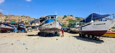Des bateaux de pêche sur une plage ensoleillée.