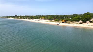 Une plage tranquille avec des palmiers et des cabanes au bord de l'eau.