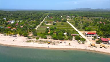 Une vue aérienne d'une plage avec des maisons et des arbres.
