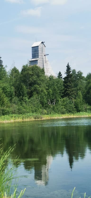 Une structure en bois au bord d'un lac entouré d'arbres.