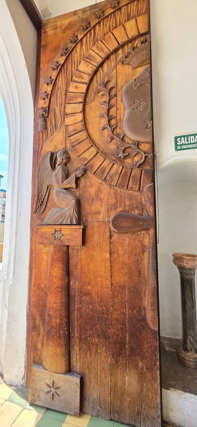Une porte en bois sculpté avec des motifs détaillés et un éclairage naturel.