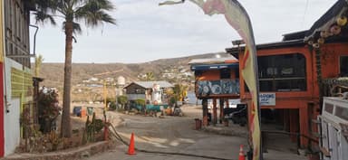 A colorful street scene with buildings and palm trees in Tecate.