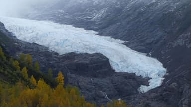 Un glacier bleu se déverse dans une vallée rocheuse avec des arbres jaunes en bas.