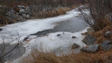 Un ruisseau partiellement gelé avec des rochers et de l'herbe sèche.