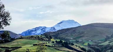 Une vue des montagnes avec des champs verdoyants et un sommet enneigé.