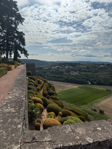 Un paysage verdoyant avec des jardins en terrasses et des collines sous un ciel nuageux.