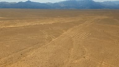 Des lignes géantes dessinées dans le désert avec des montagnes en arrière-plan.