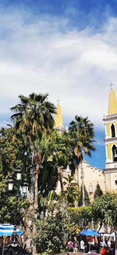 Une scène de palmiers et d'une église sous un ciel bleu.