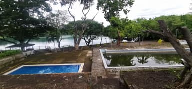 Une vue d'une piscine et d'un lac entouré d'arbres.