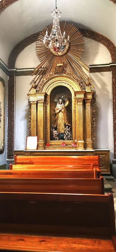 Une église avec une statue dorée et des bancs en bois.