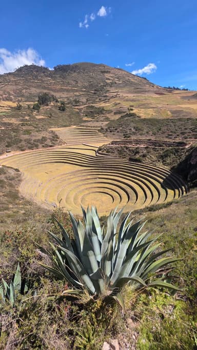 Un paysage de terrasses agricoles à Huarocondo, sous un ciel bleu.