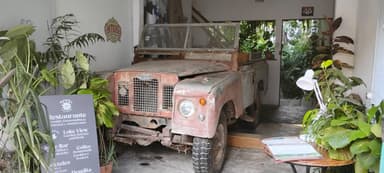 Un ancien véhicule dans un restaurant avec des plantes autour.