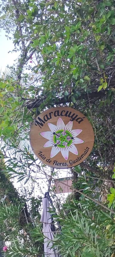 Un panneau en bois avec une fleur, entouré de verdure.
