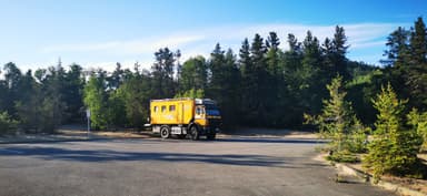 Un camion jaune stationné près des arbres.
