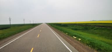 Une route droite à travers des champs verdoyants et jaunes sous un ciel nuageux.