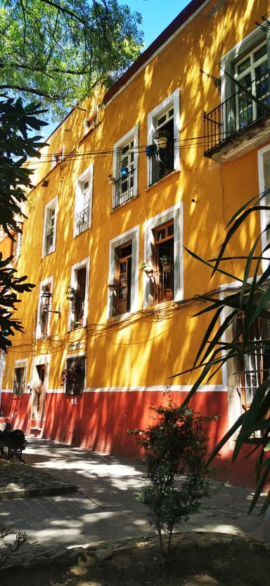 Un bâtiment coloré avec des ombres d'arbres à Guanajuato.