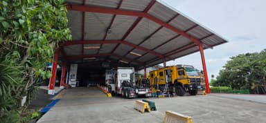Un garage avec des camions et des plantes autour.
