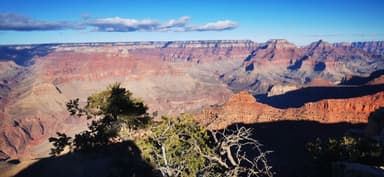 Un paysage du Grand Canyon avec des formations rocheuses et un ciel bleu.
