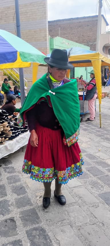Une femme en costume traditionnel dans un marché coloré.