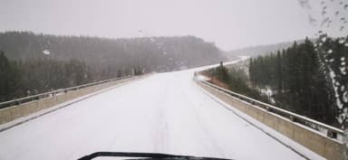 A snowy road winding through a forested landscape in winter.