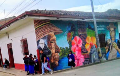 Un mur peint coloré avec des personnages et des fleurs à Silvia, Colombie.