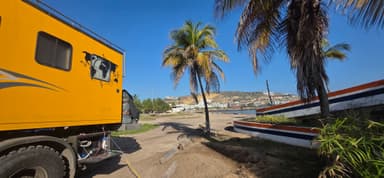Un camion jaune près de palmiers et d'une plage ensoleillée.
