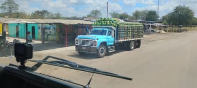 Un camion bleu chargé de pastèques sur une route à Lechería.