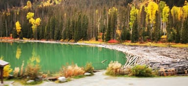 Un lac entouré d'arbres aux couleurs d'automne.