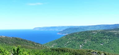 Une vue panoramique des collines verdoyantes et de l'océan bleu.