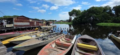 Des bateaux colorés au bord d'une eau calme à Bachaquero.