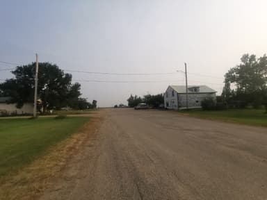 Une rue calme avec des maisons et des arbres sous un ciel brumeux.