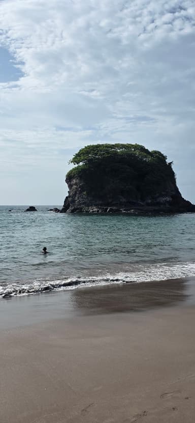 Une plage avec une île rocheuse et un nageur au loin sous un ciel nuageux.