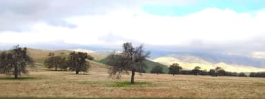 Un paysage de collines et d'arbres sous un ciel nuageux.