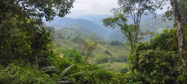 Une vue panoramique des collines verdoyantes d'Otanche, Colombie, sous un ciel nuageux.