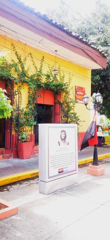 Un bâtiment coloré avec des plantes et une plaque informative à León.