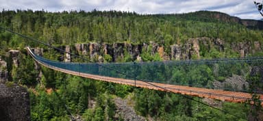Un pont suspendu au-dessus d'une vallée boisée.