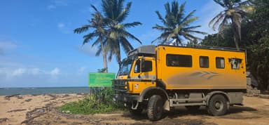Un camion jaune stationné près de la plage avec des palmiers et un ciel bleu.