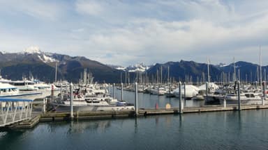 Un port avec des bateaux et des montagnes en arrière-plan.