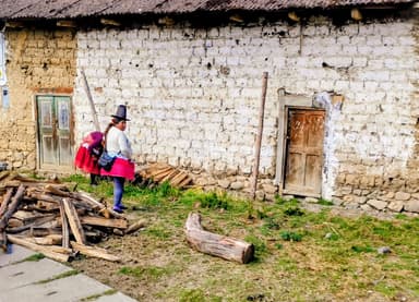 Une femme en costume traditionnel près d'une maison en pierre.