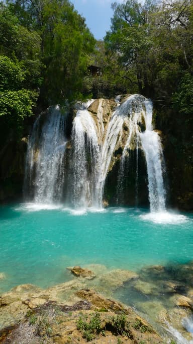 Une cascade avec de l'eau turquoise et des arbres verts autour.