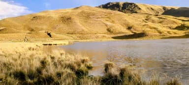 Un paysage de collines dorées et un lac tranquille sous un ciel bleu.