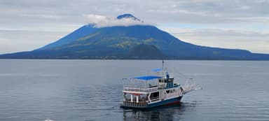 Un bateau sur un lac avec une montagne en arrière-plan.