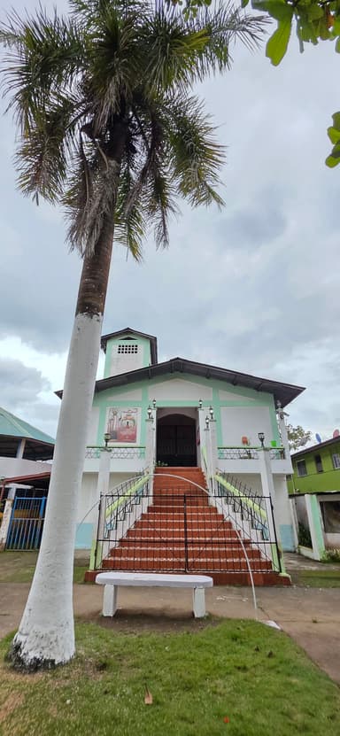 Une église avec des escaliers et un palmier au premier plan sous un ciel nuageux.