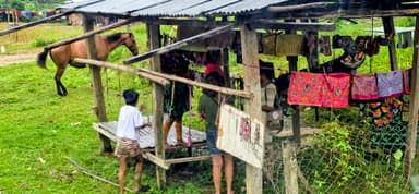 Un marché local avec des vêtements colorés et un cheval à l'extérieur.